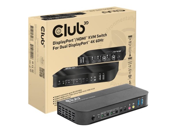 CLUB3D KVM Switch 4K60Hz 2x DP > HDMI oder DP/2xUSB/Audio CSV-7210