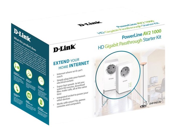 D-LINK PowerLine AV2 1000 HD Gigabit Passthrough Kit includes two DHP-P600A DHP-P601AV/E