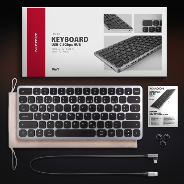 AXAGON HMC-KB keyboard USB-C 5Gbps with HUB HMC-KB-GE